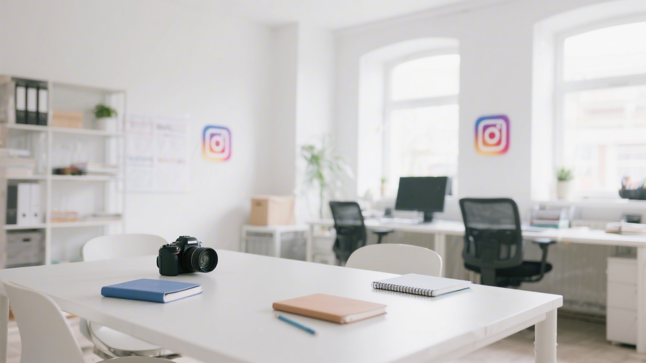 Bright and organized office space with minimal furniture, notebooks and a camera, representing a small social media studio in a local agency.
