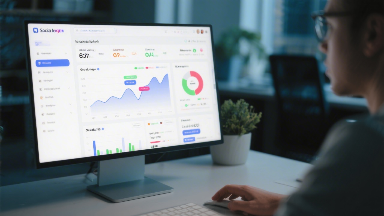 Computer screen with a social media ads dashboard open, showing campaign metrics and charts, representing careful monitoring of paid social performance.