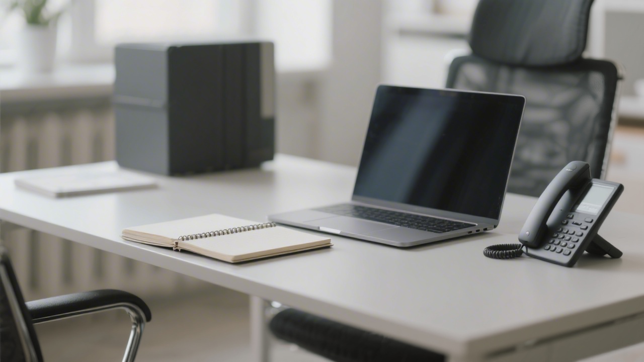 Professional desk with laptop, notebook, and phone, suggesting a calm and organized workspace for client communication.