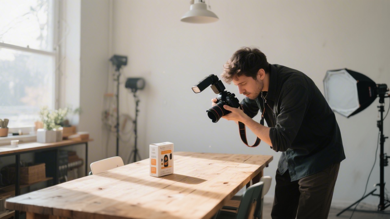 Photographer capturing a product on a wooden table with natural light, showcasing a realistic content creation scene for small businesses in a local studio.