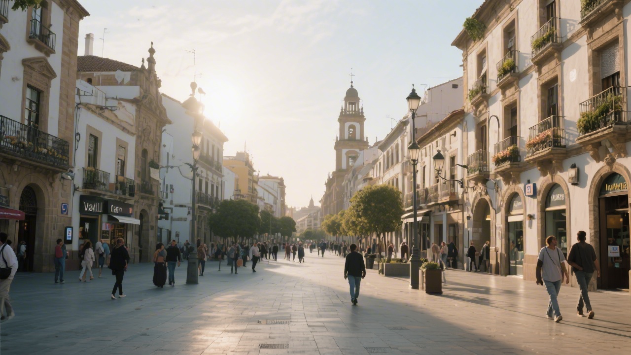 Wide view of Valladolid city center with classic architecture, pedestrians and soft afternoon light, suggesting an urban environment where local businesses interact with social media audiences.