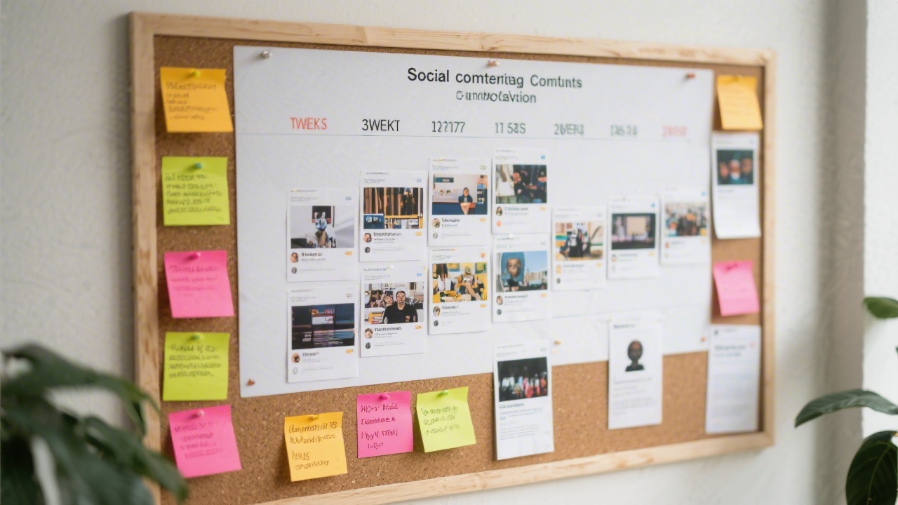 Planning board with sticky notes and printed posts arranged by week, illustrating the structured process for social media content planning and execution.