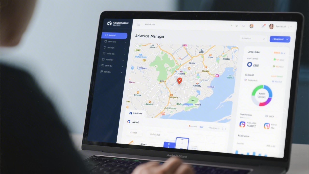 Laptop showing an advertising manager interface with map-based targeting and metrics, indicating local social media advertising work.