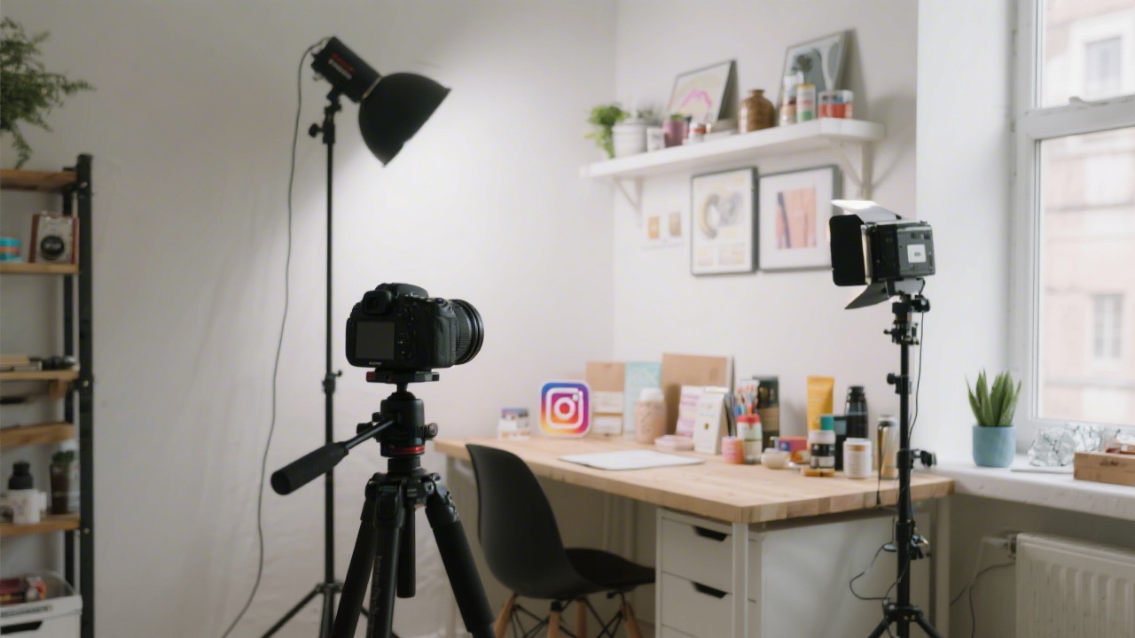 Creative workspace with camera, lighting setup, and products ready for a photo session, representing content creation for social media.