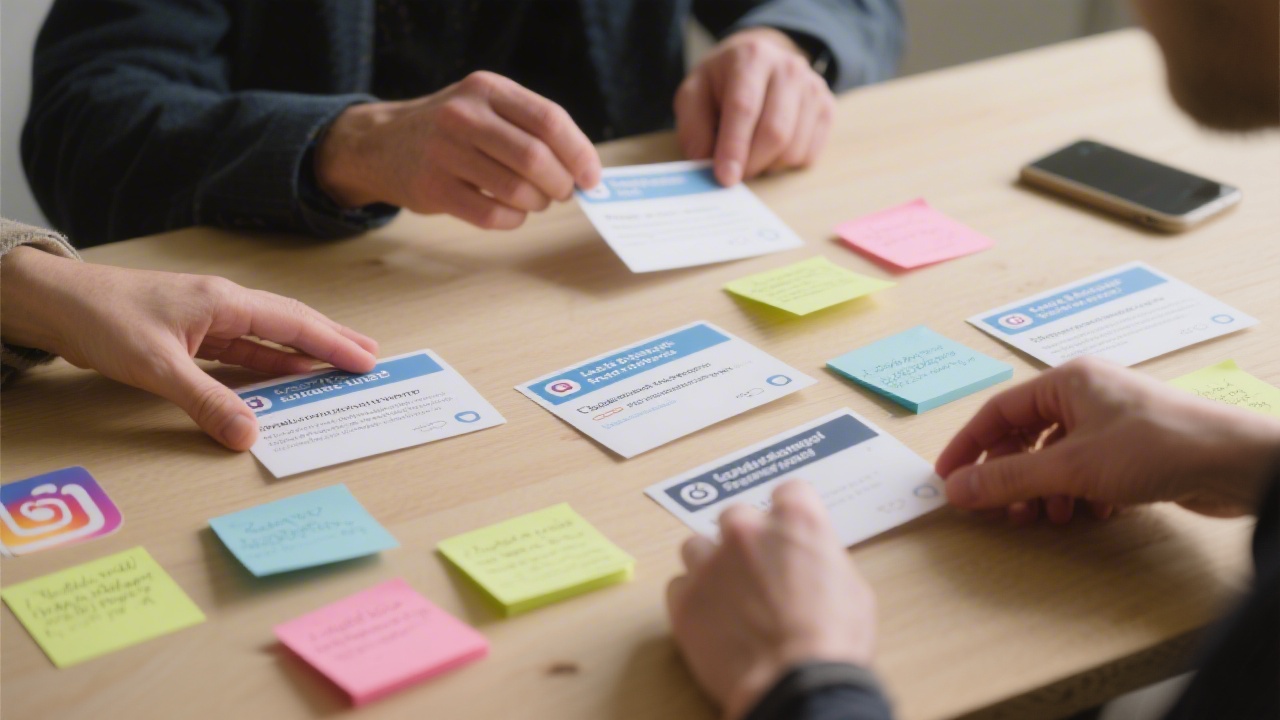 Hands arranging printed social media posts and notes on a table, illustrating a strategic planning session for local business campaigns.