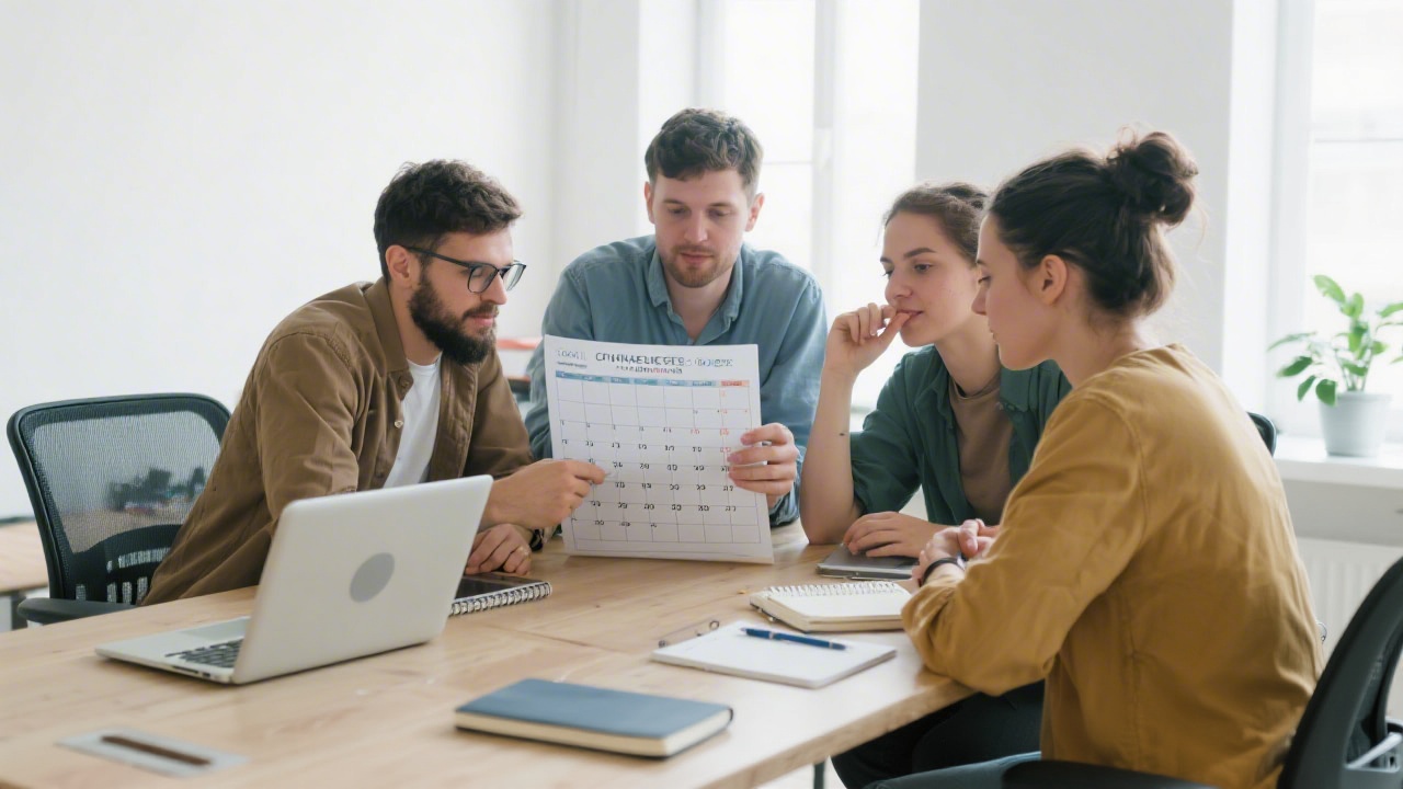 Small creative team reviewing a content calendar on a table with laptops and notebooks, in a bright office environment representing collaboration for local social media projects.
