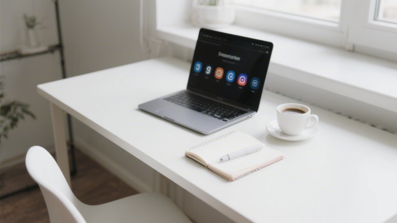 Clean workspace with laptop, notebook and coffee, representing a small business owner planning social media content in a calm professional setting.